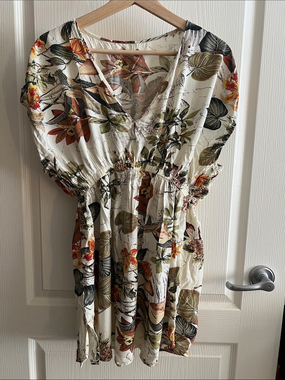 Cupshe Cream Floral V-Neck Smocked Mini Dress with Green & Rust Accents